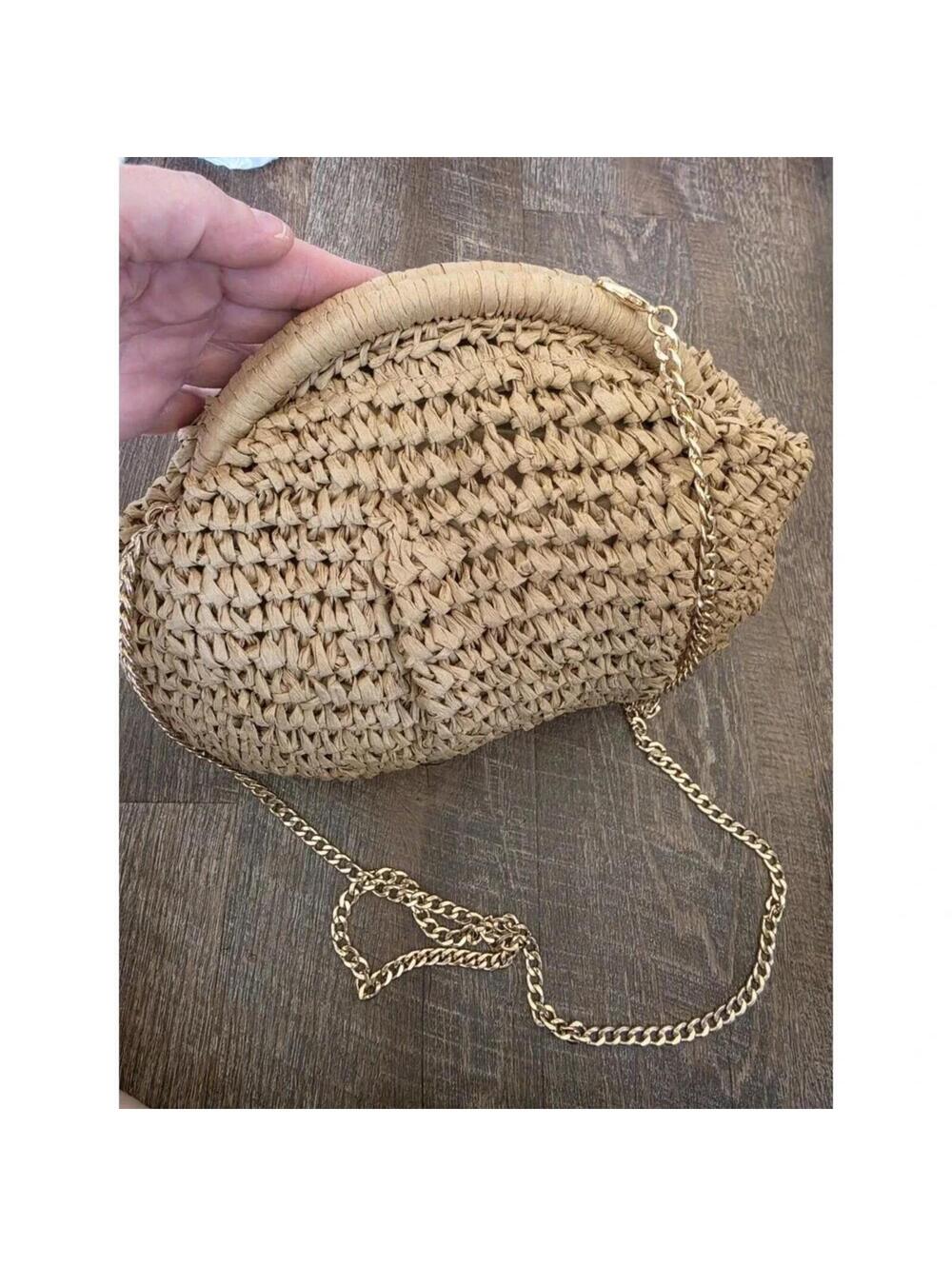 Woven Straw Shoulder Bag with Gold Chain Strap - Picture 5 of 5